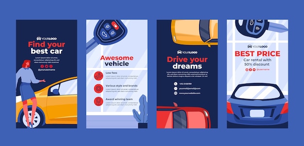 Бесплатное векторное изображение Сборник рассказов instagram о бизнес-салоне плоских автомобилей
