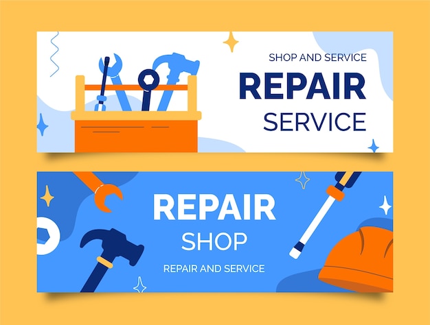 Vettore gratuito modello di banner di vendita orizzontale di servizi di officina riparazioni auto piatte