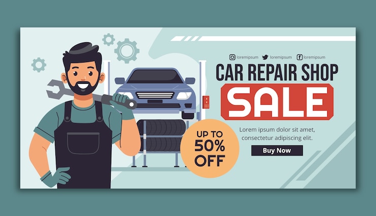 Free Vector flat car repair shop services horizontal sale banner template
