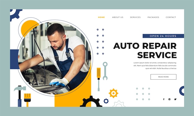 Vettore gratuito modello di pagina di destinazione dei servizi di officina di riparazione auto piatte