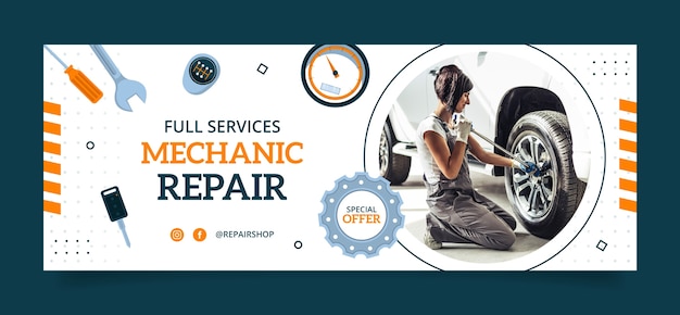 Free vector flat car repair shop services social media cover template