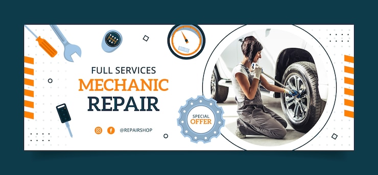 Free Vector flat car repair shop services social media cover template