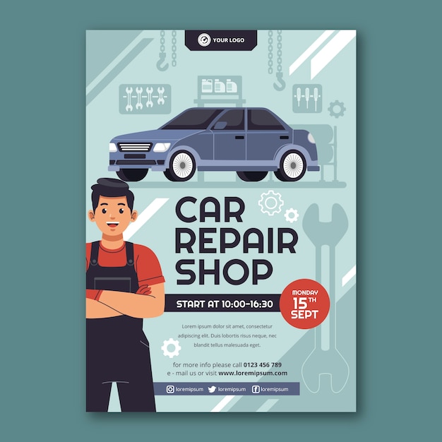 Free vector flat car repair shop services vertical poster template