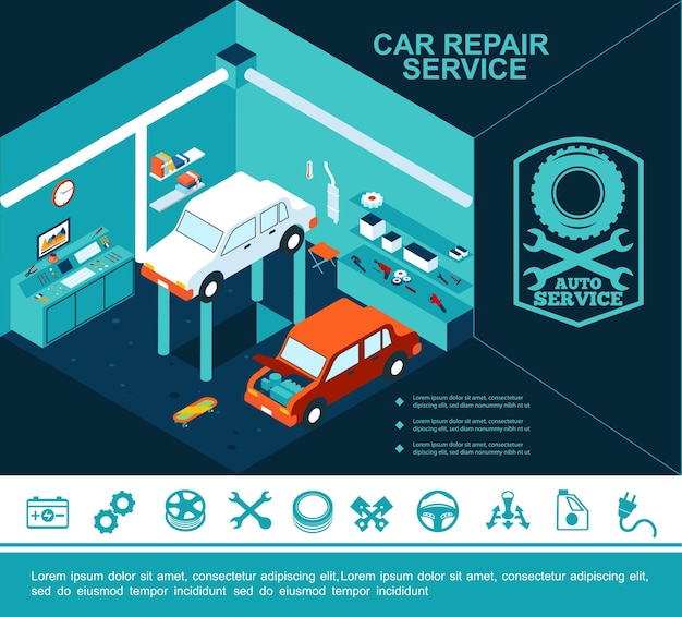 Concetto di servizio auto piatto con automobili rotte in garage e diverse icone di riparazione auto