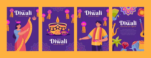 Free vector flat cards collection for diwali celebration