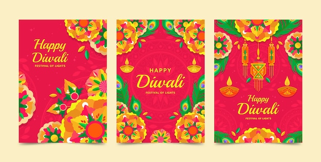 Vettore gratuito collezione di carte piatte per la celebrazione del festival di diwali