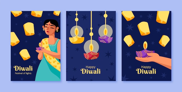 Vettore gratuito collezione di carte piatte per la celebrazione del festival di diwali