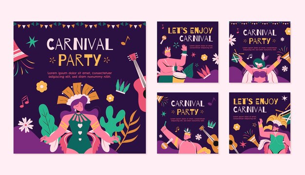 Flat carnival celebration instagram posts collection