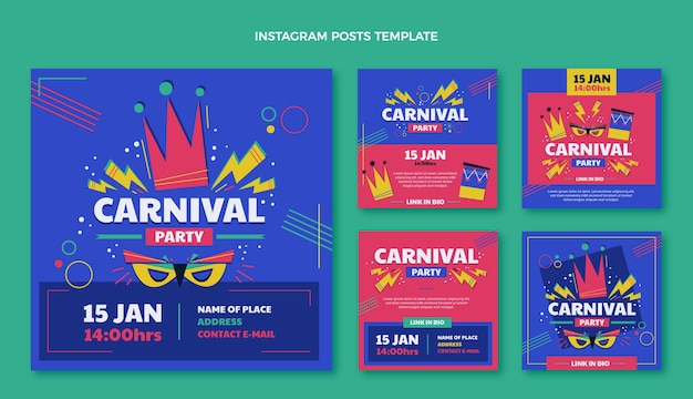 Collezione di post di instagram di carnevale piatto