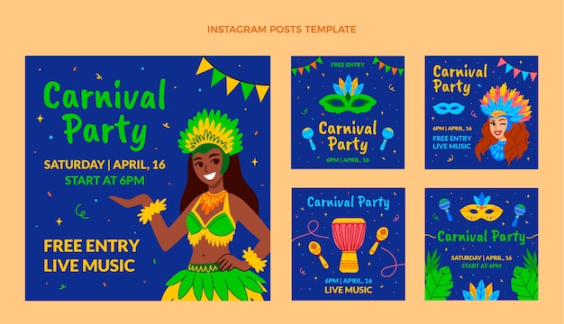 Vettore gratuito collezione di post instagram di carnevale piatto