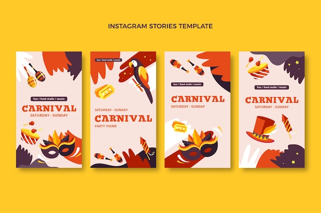 Vettore gratuito raccolta di storie di instagram di carnevale piatto