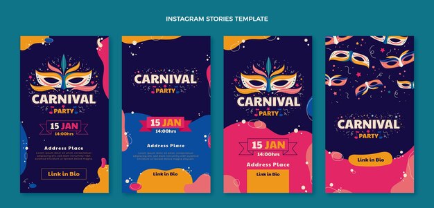 Vettore gratuito raccolta di storie di instagram di carnevale piatto