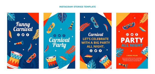 Raccolta di storie di instagram di carnevale piatto