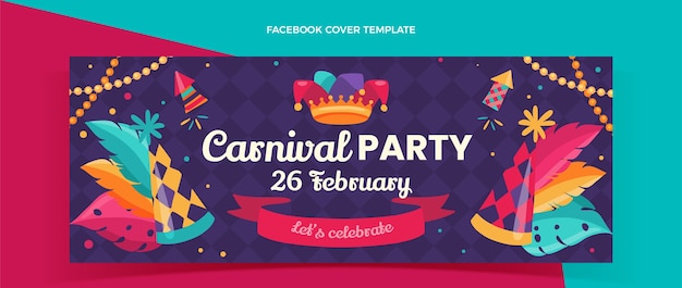 Vettore gratuito modello di copertina per social media carnevale piatto