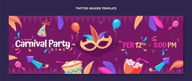 Vettore gratuito intestazione twitter piatta carnevale