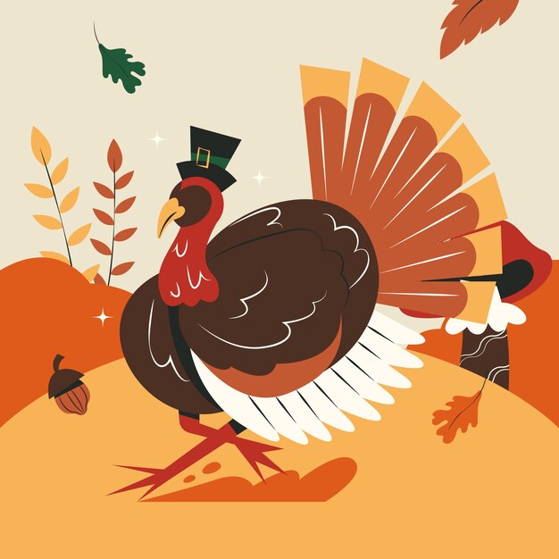 Плоская иллюстрация персонажа из мультфильма для празднования Дня благодарения с индейкой