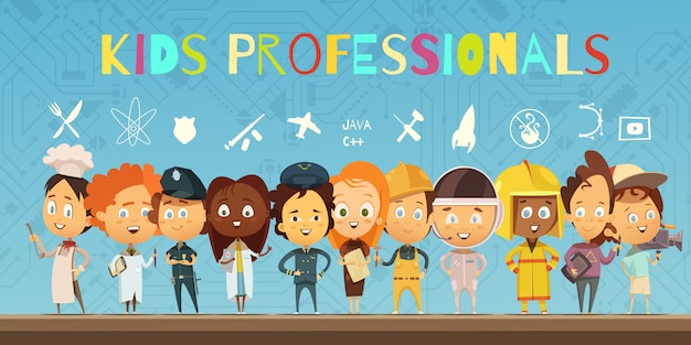 Flat cartoon composition with group of children wearing in costumes of professionals