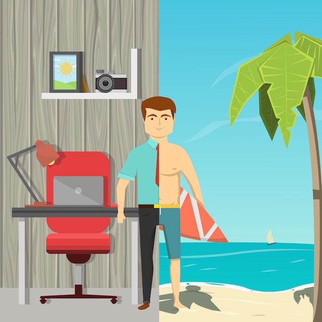 Flat cartoon image of man divided by half straddling office work and beach leisure
