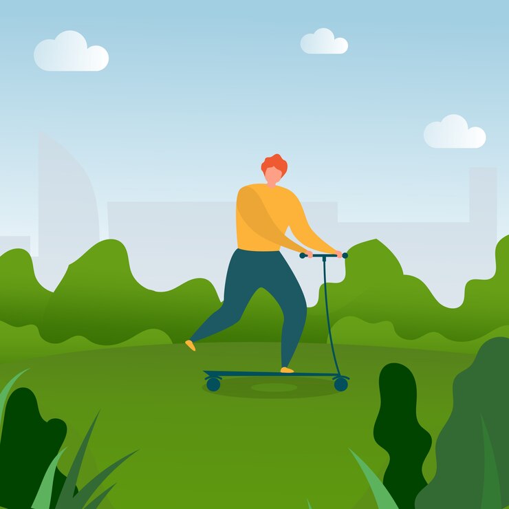 Free Vector flat cartoon man riding on kick scooter in park.