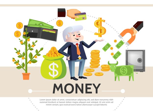 Плоские денежные иконки композиция с денежным деревом, платежная карта, монеты, безопасный доллар, кошелек, кошелек, финансовый магнит