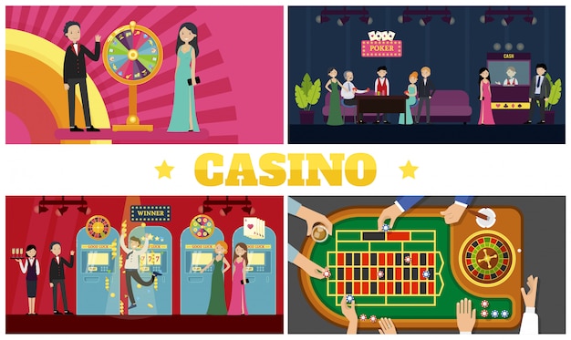 Free vector flat casino colorful composition with fortune wheel clients happy winner croupiers waitress slot machines players around poker table