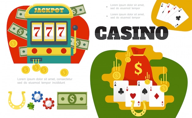 Free vector flat casino colorful composition with slot machine bag of money card suits gold coins horseshoe poker chips leaf clover