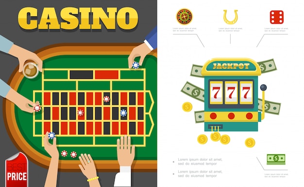 Flat casino and gambling composition with players around poker table slot machine roulette horseshoe dice chips money