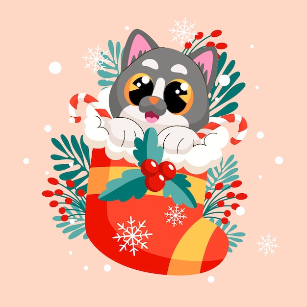 Vettore gratuito illustrazione del fumetto del gatto piatto per la celebrazione della stagione natalizia