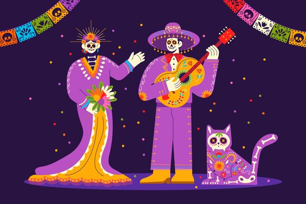 Flat characters illustration for dia de muertos celebration