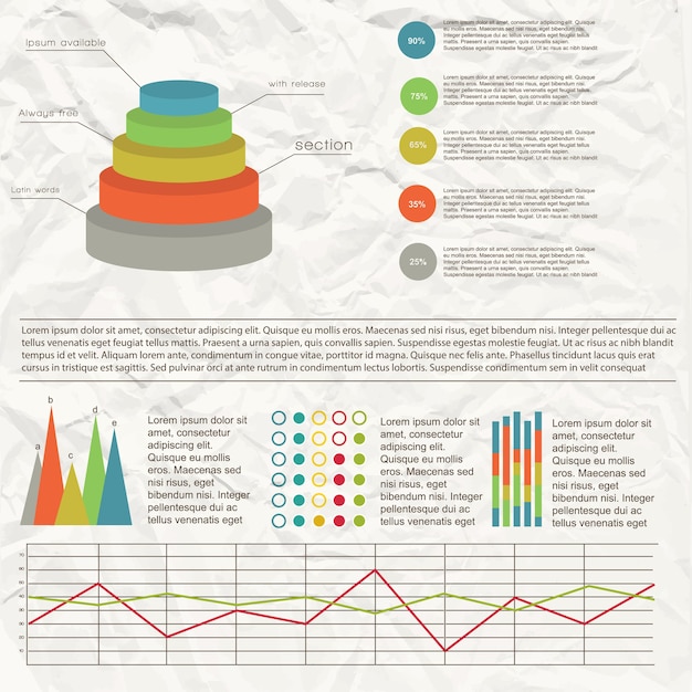 Плоская инфографика диаграммы с различными диаграммами и графиками с эффектом мятой бумаги