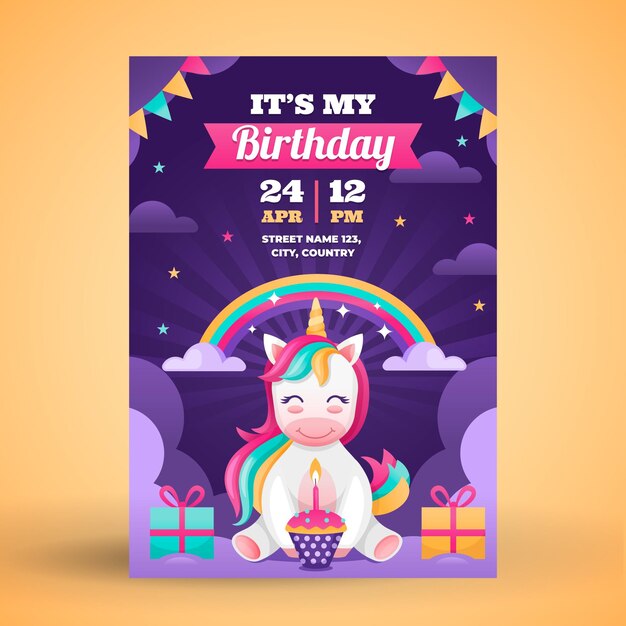 Flat children birthday invitation with unicorn