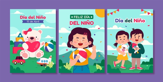 평평한 어린이 날 축하 인사 카드 컬렉션 스페인어