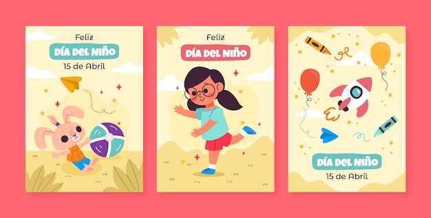 Free vector flat children's day celebration greeting cards collection in spanish
