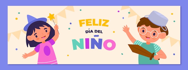 Flat children's day horizontal banner template in spanish