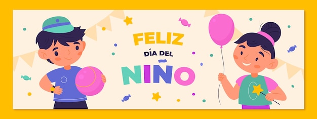 Free vector flat children's day horizontal banner template in spanish