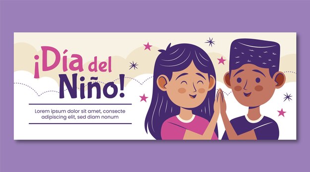 Flat children's day horizontal banner template in spanish