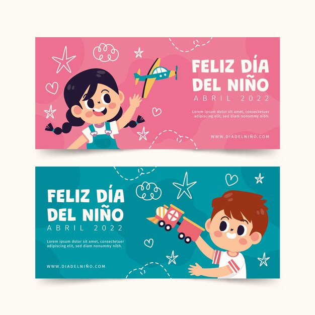 Flat children's day horizontal banners set in spanish