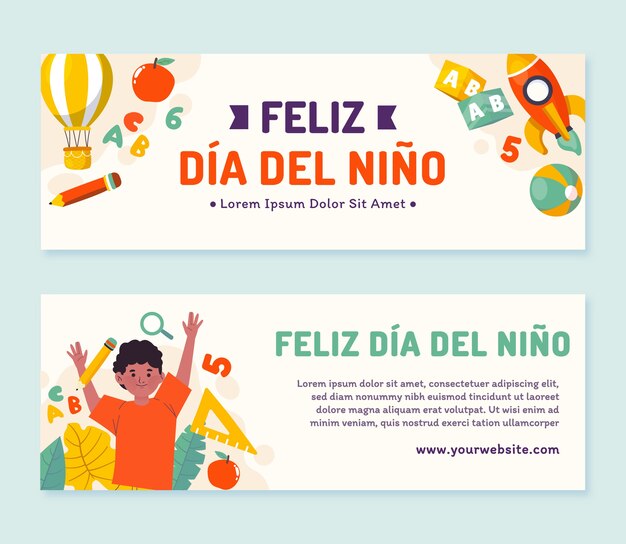 Flat children's day horizontal banners set in spanish