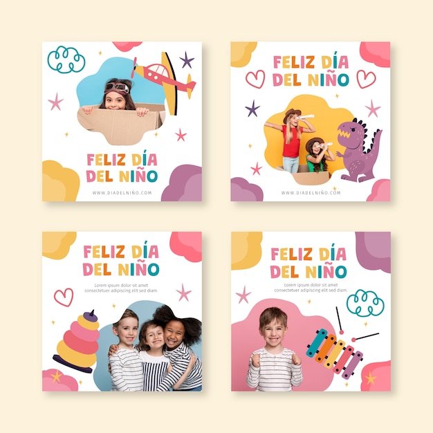 Flat children's day instagram posts collection in spanish