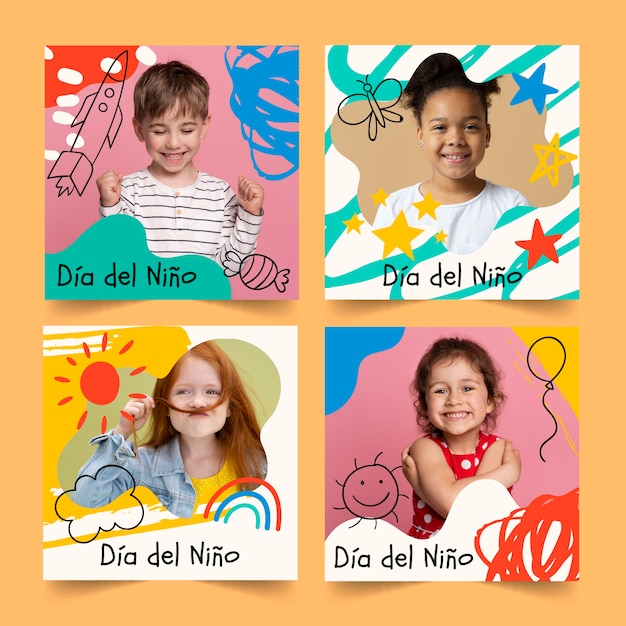 Flat children's day instagram posts collection in spanish