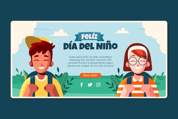 Flat children's day in spanish horizontal banner template