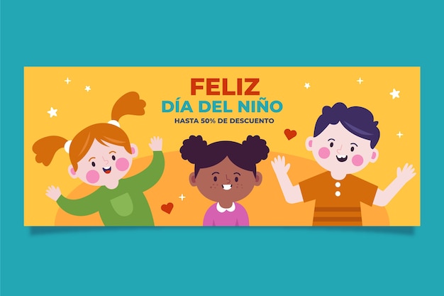 Flat children's day in spanish horizontal banner