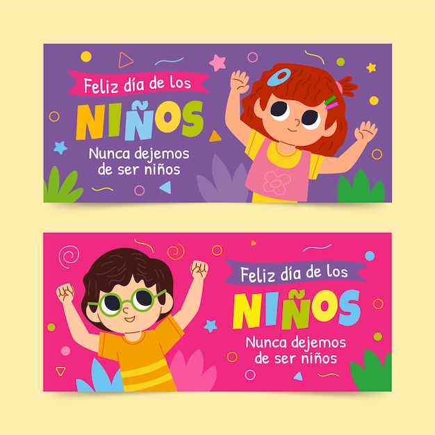 Flat children's day in spanish horizontal banners set