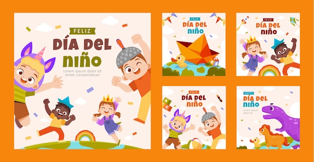 Free vector flat children's day in spanish instagram posts collection