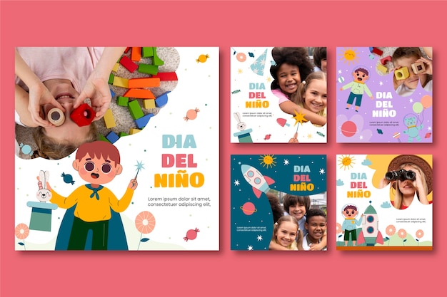 Free vector flat children's day in spanish instagram posts collection