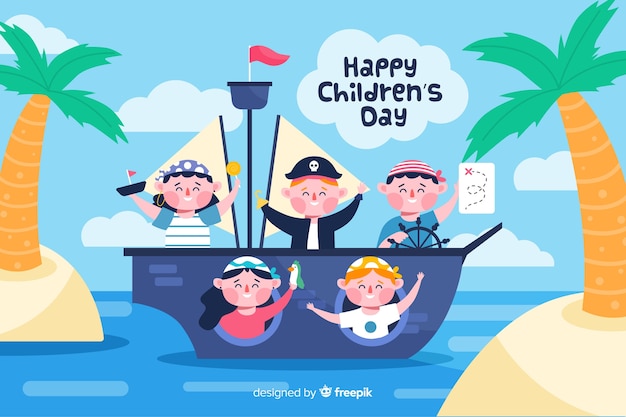 Flat children's day with children being pirates