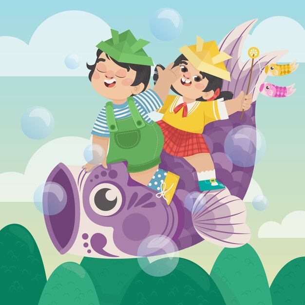 Flat childrens day illustration with kids riding fish