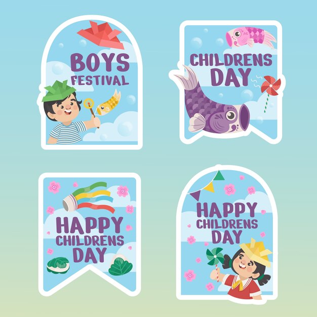 Flat childrens day labels collection