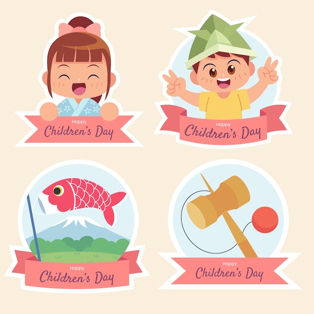 Flat childrens day labels collection