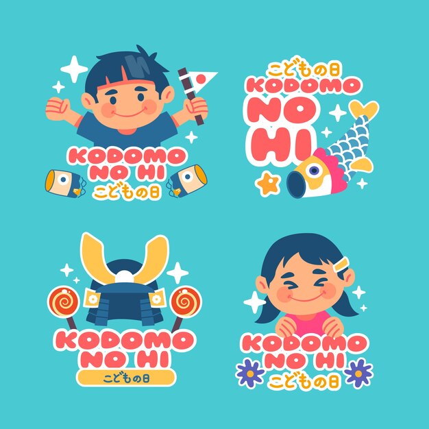 Flat childrens day labels collection